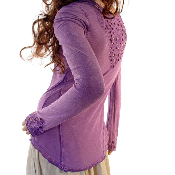 FREE PEOPLE Purple Boho Cutout Long Sleeve Cotton Top Women's S - Picture 6 of 10